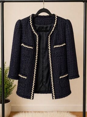 Blue/Purple Tweed Pearl Jacket Blazer Elegant Statement Piece